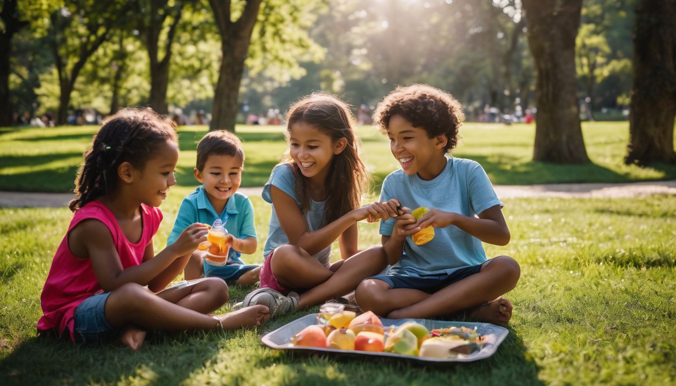 Kinderen spelen buiten in een groen park met gezonde snacks.