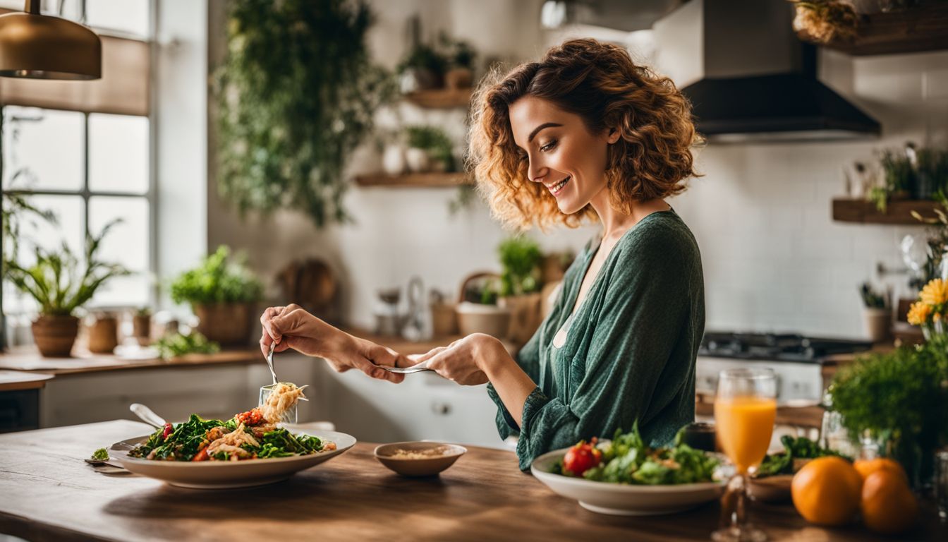 Een vrouw geniet van een plantaardige maaltijd in een levendige keuken.