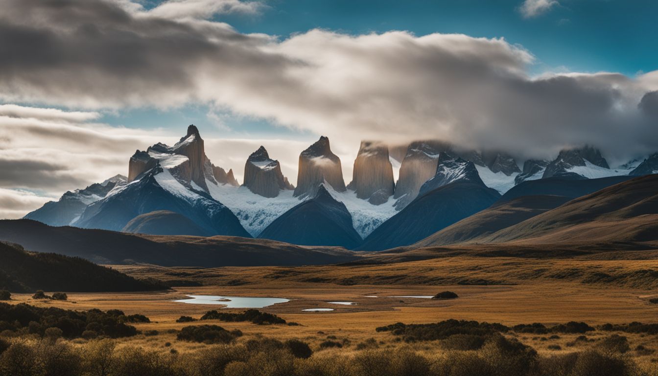 Een foto van het ruige landschap van Patagonië met diverse mensen.