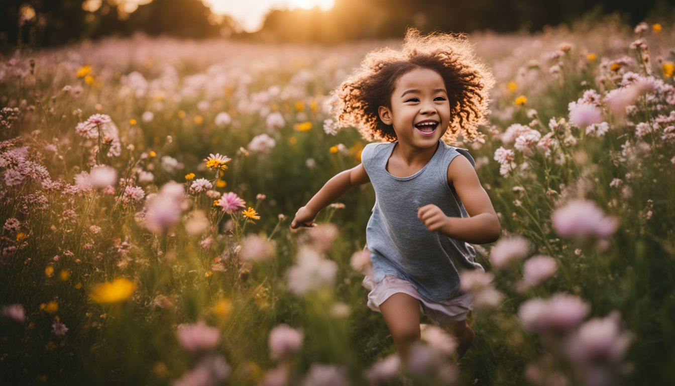 Een vrolijk kind rent door een bloemenveld in de natuur.