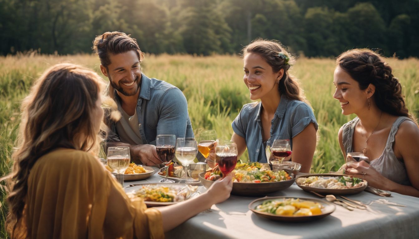 Mensen uit verschillende tijdperken genieten van eten in de natuur.