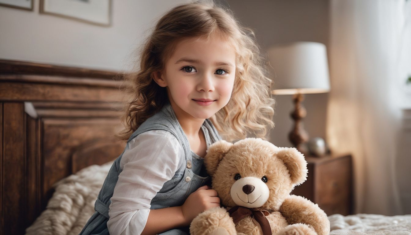 Een jong kind knuffelt een teddybeer in een gezellige slaapkamer.