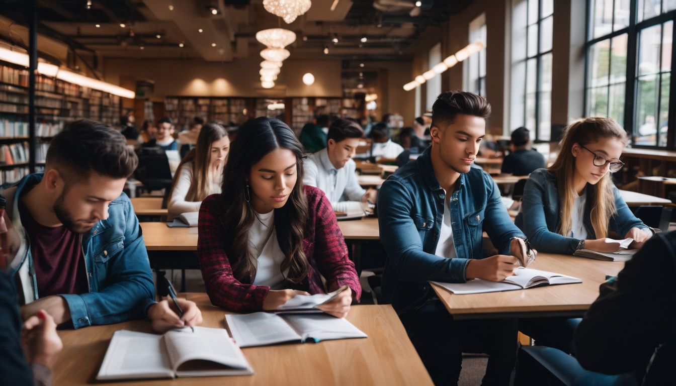 Een groep studenten die samen studeren in een stille bibliotheek.