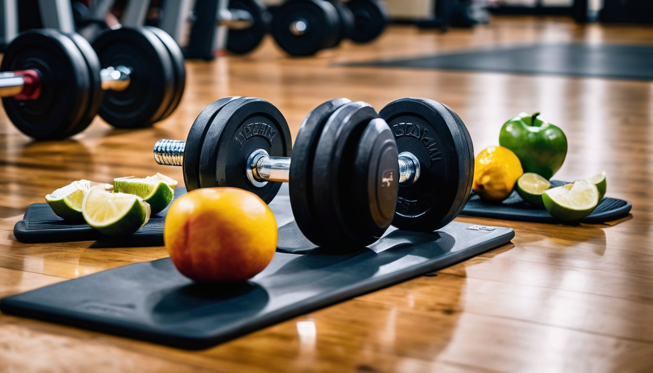 Een foto van een dumbbell en gezond eten op een sportschoolvloer.