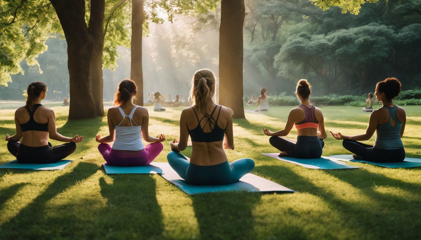 Een diverse groep mensen beoefent yoga in een weelderig groen park.