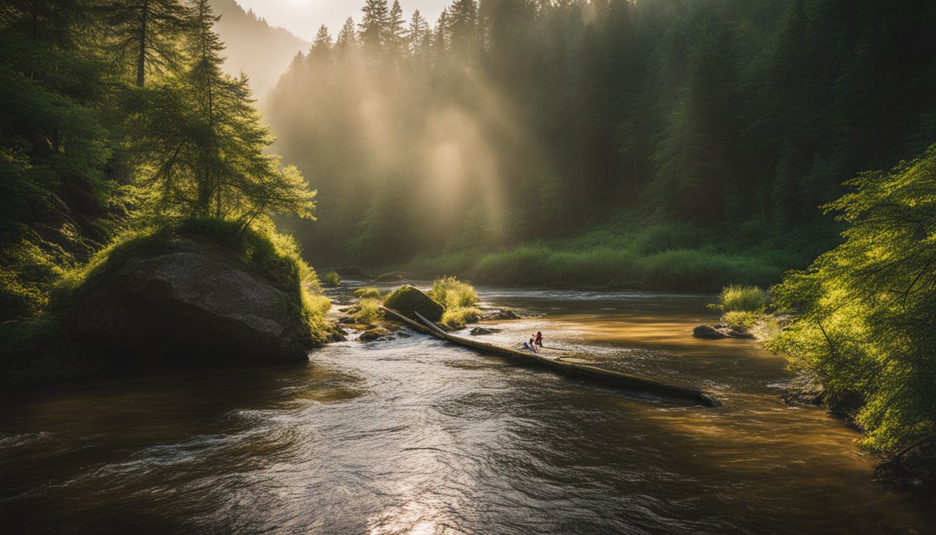 Een sereen, ongerept natuurlandschap met een kalme rivier en weelderige begroeiing.