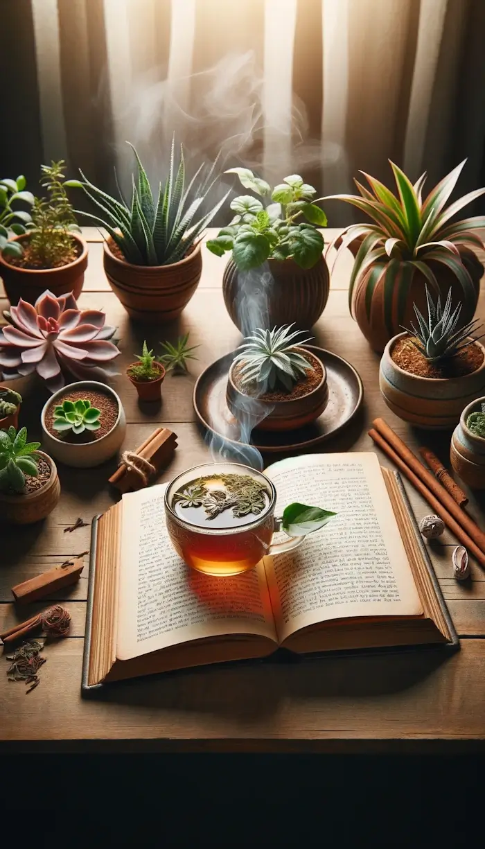 Open boek omringd door diverse kamerplanten en een dampende kop kruidenthee op een houten tafel