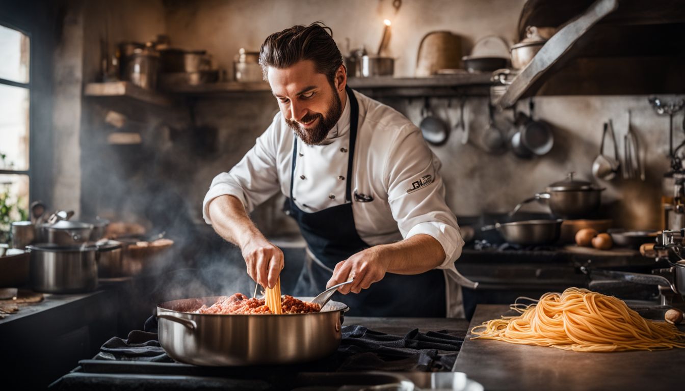 Een traditionele Italiaanse keuken met een chef die Spaghetti Bolognese kookt.