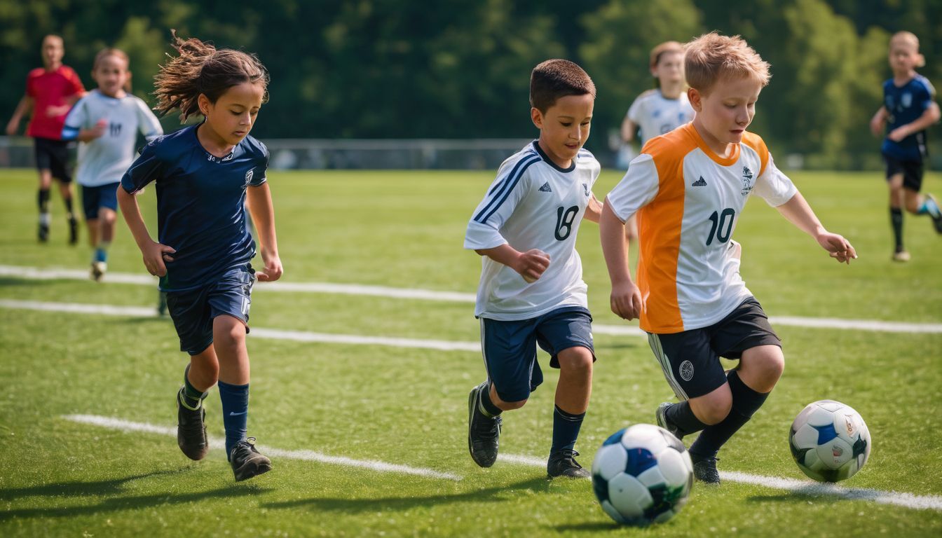 Kinderen met beperkingen spelen samen voetbal op een groen veld.