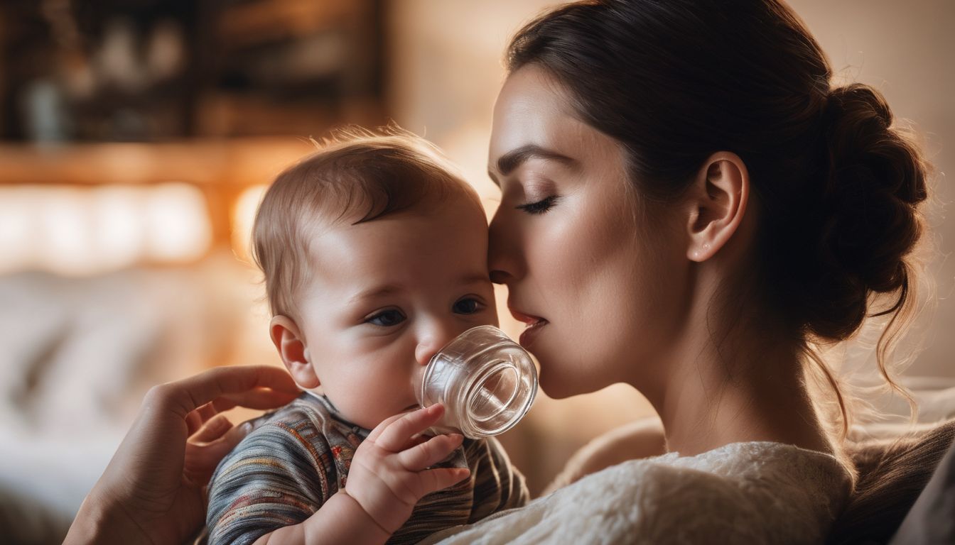 Een moeder voedt haar baby met de fles in een gezellige kinderkamer.