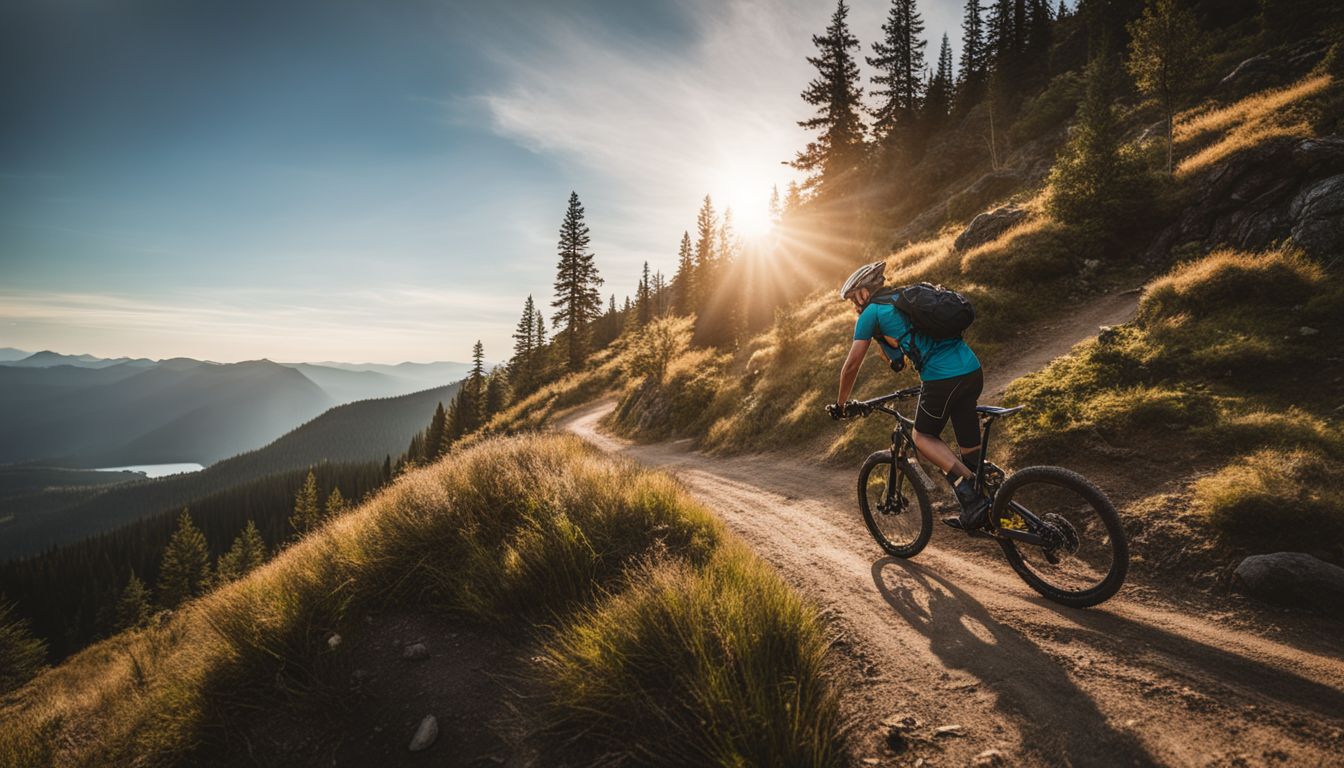 Een mountainbiker navigeert een ruig pad in een prachtige natuurlijke omgeving.