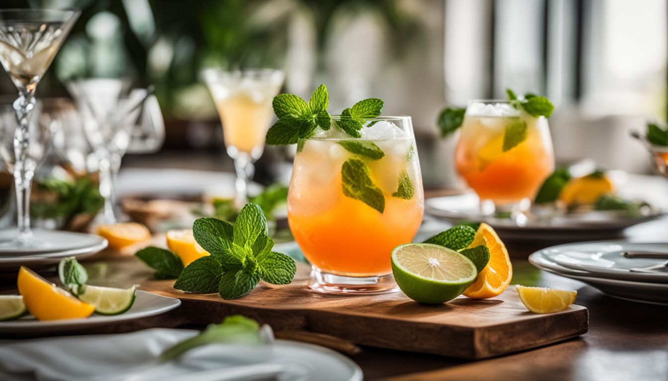 Een prachtig gedekte tafel met creatieve alcoholvrije cocktails en verschillende gezichten en kapsels.