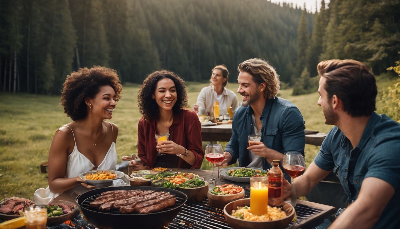 Een diverse groep mensen geniet van een vleesloze barbecue in de natuur.