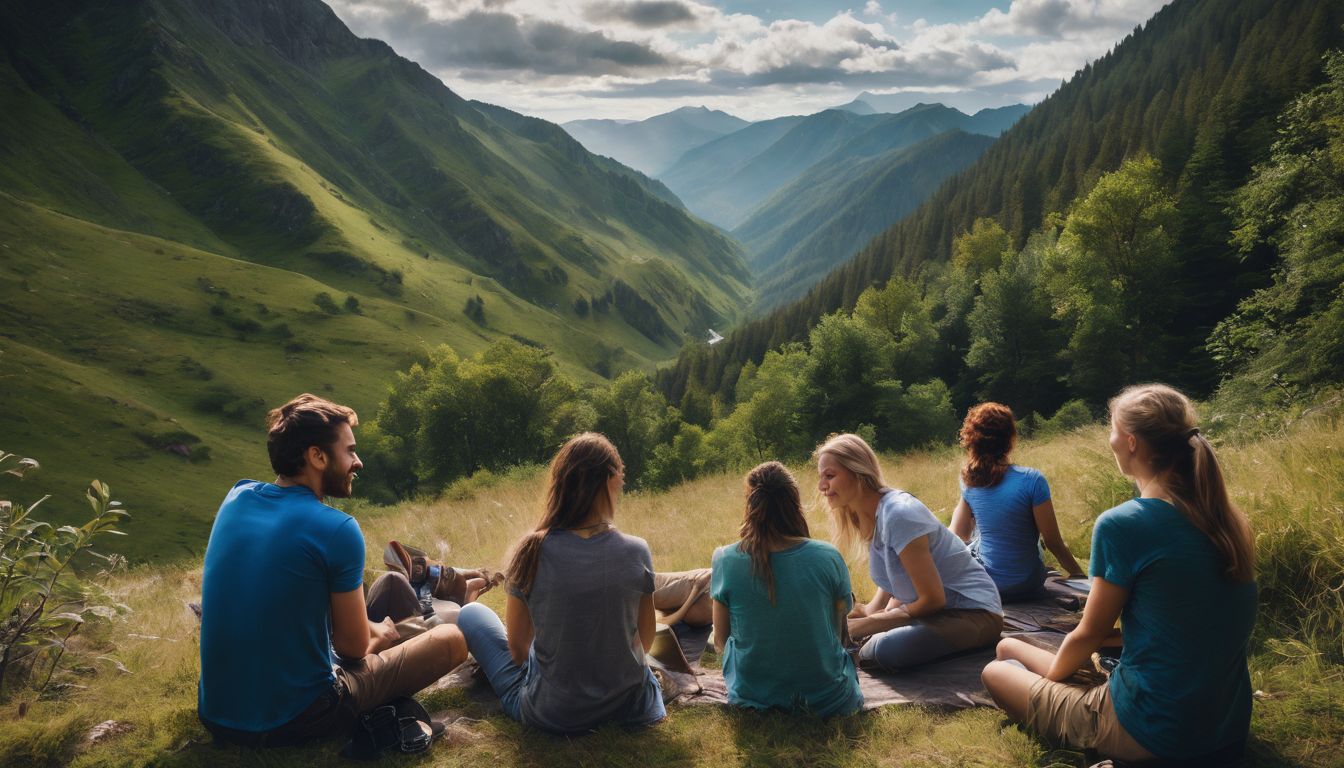 Een diverse groep mensen die deelnemen aan buitenactiviteiten omgeven door de natuur.