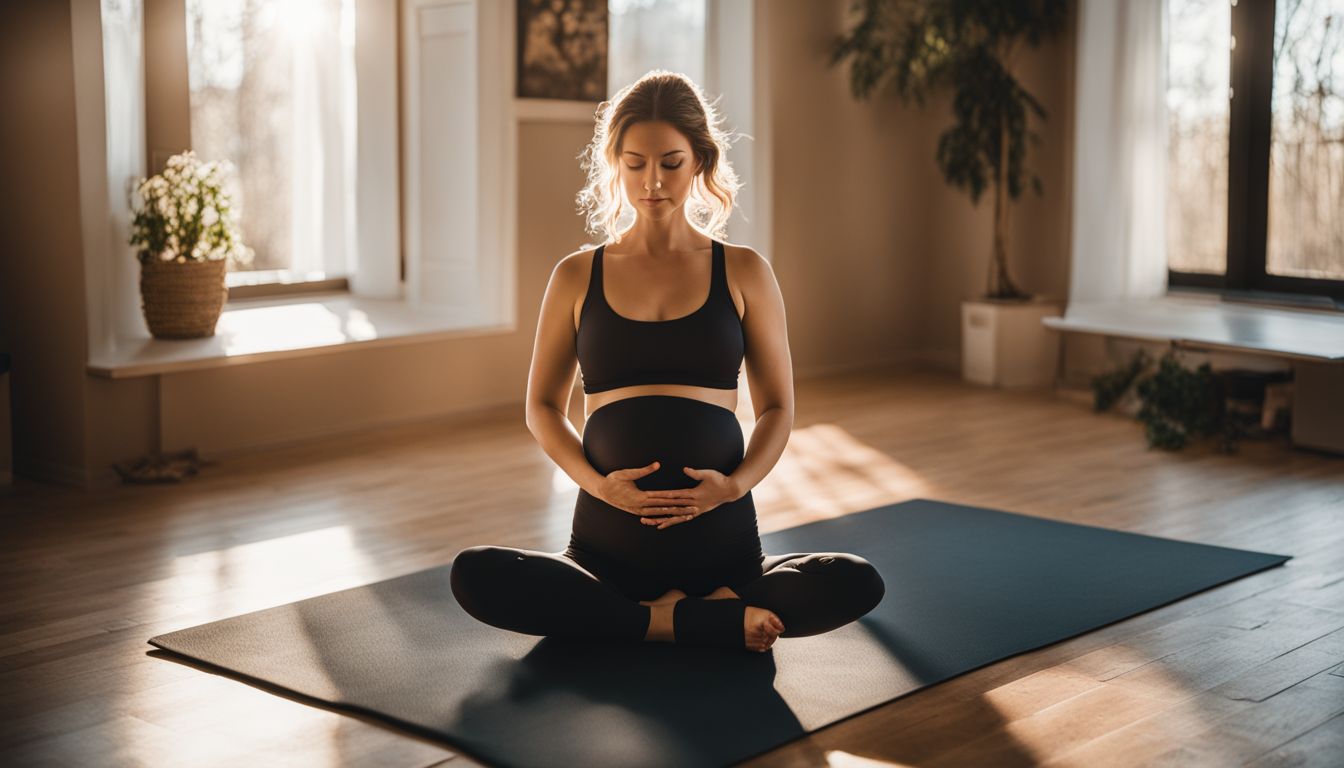 Een zwangere vrouw beoefent vredig prenatale yoga in een zonnige studio.