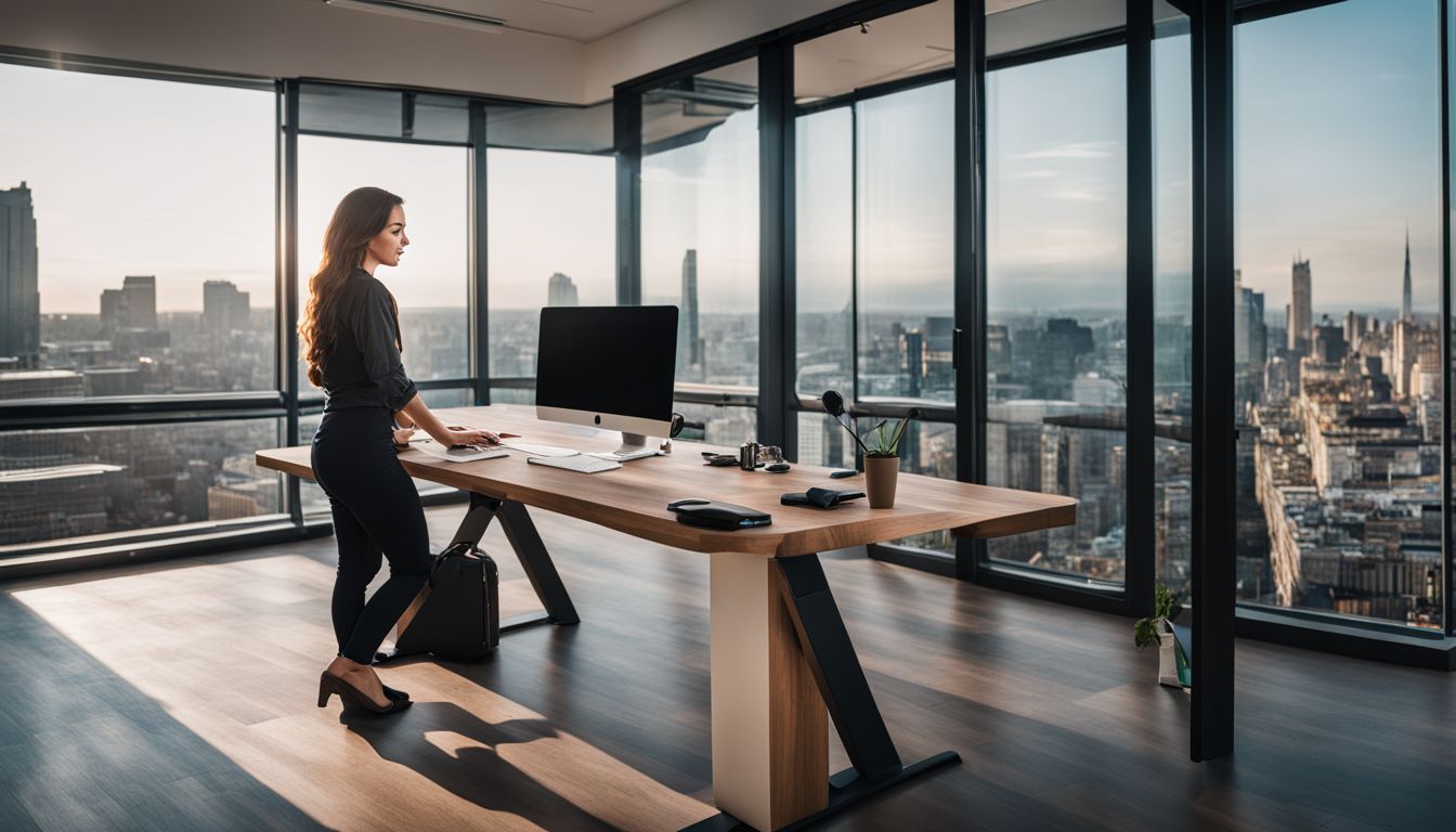 Een kantoor medewerker gebruikt een sta-bureau met stadsgezicht op de achtergrond.