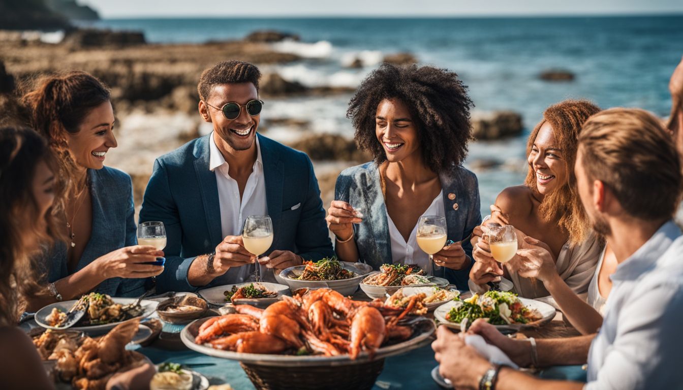 Een diverse groep geniet van een zeevruchtenfeest aan zee.