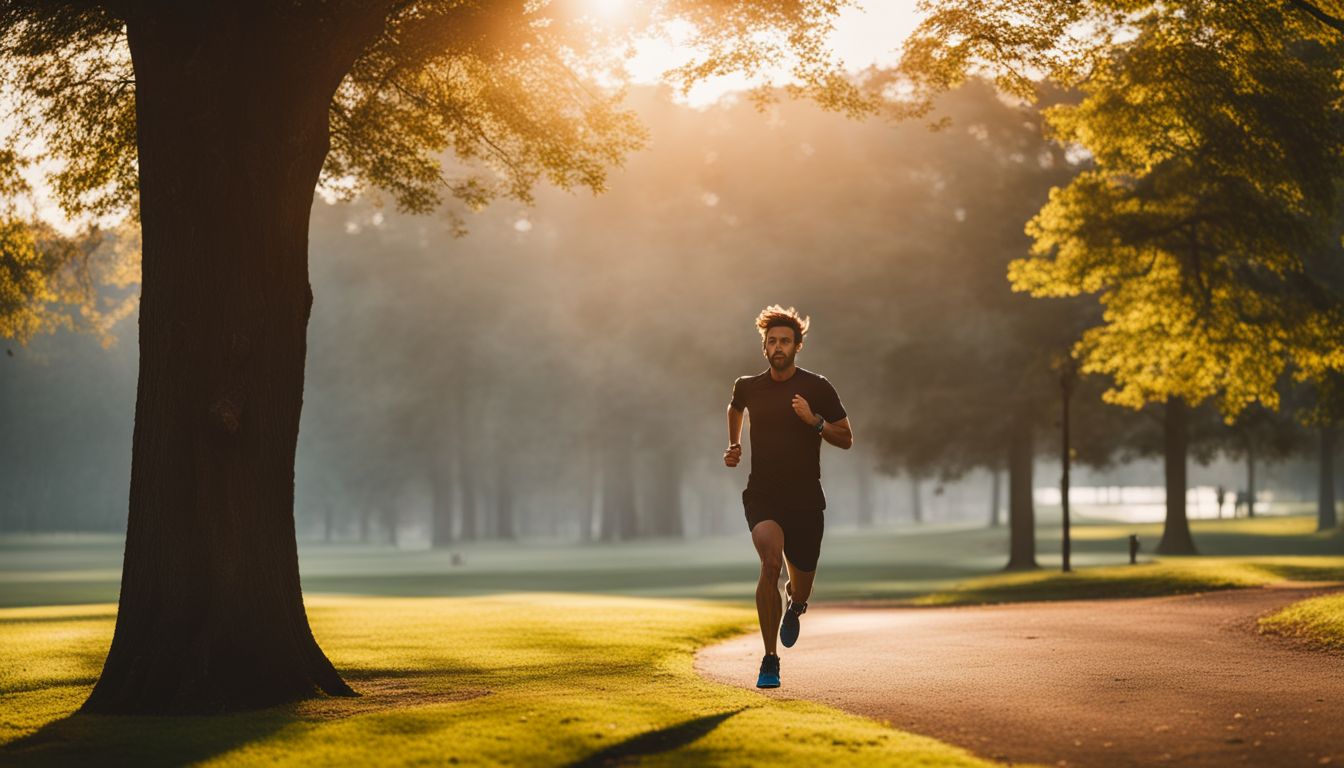 Een hardloper die jogt in een rustig park bij zonsopgang.