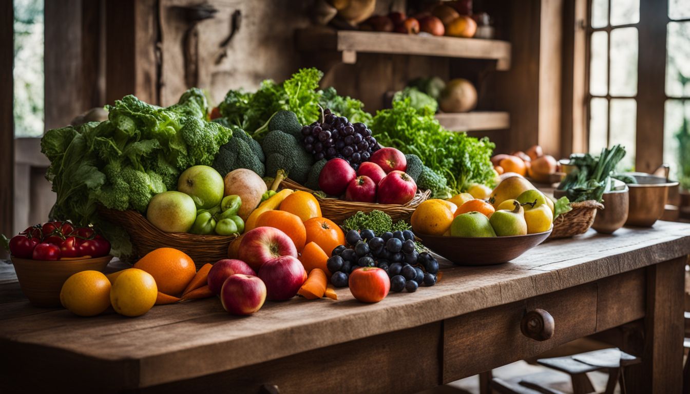 Een overvloed aan verse groenten en fruit op een houten tafel in een rustieke keuken.