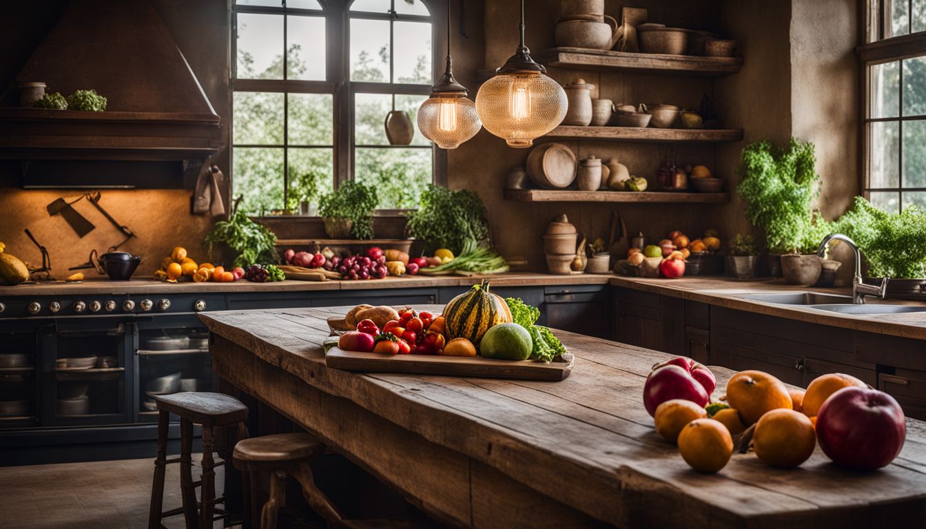 Een foto van seizoensgebonden fruit en groenten in een rustieke keuken setting.