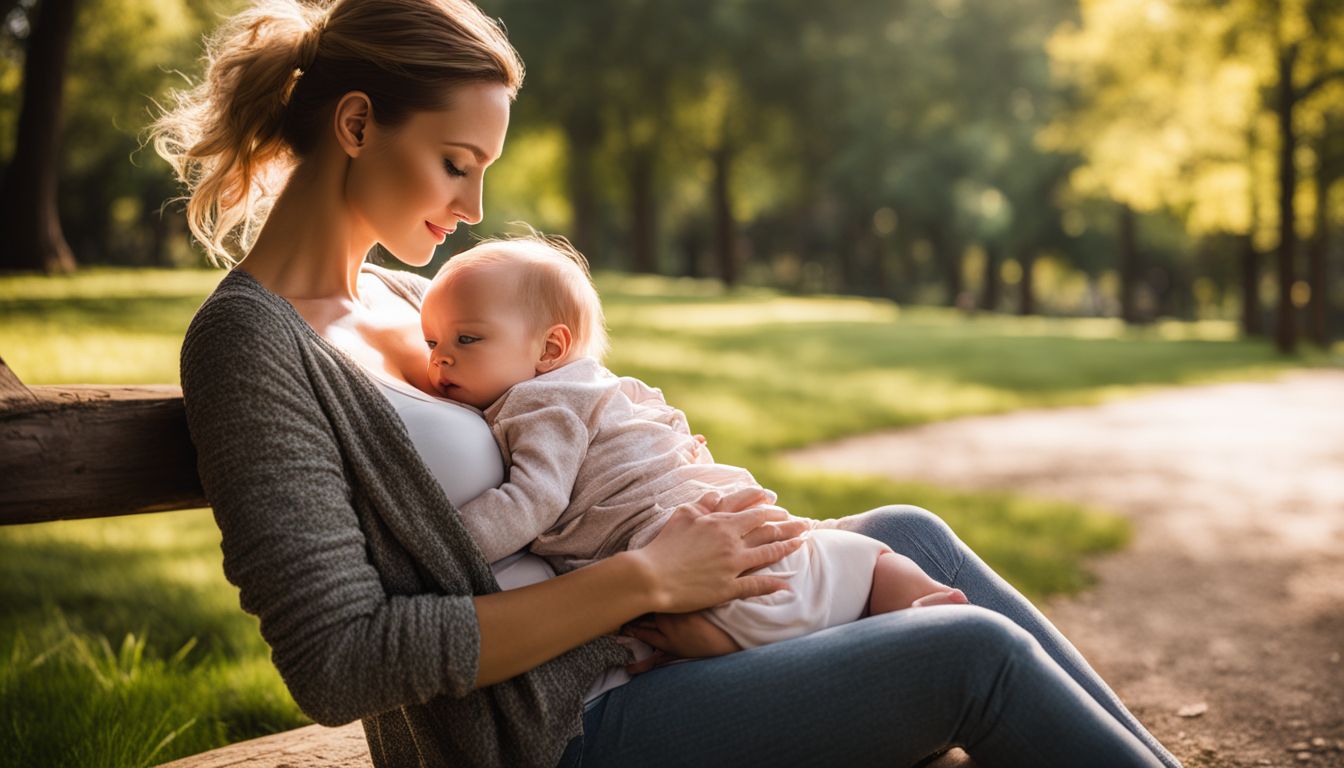 Een moeder die haar baby borstvoeding geeft in een rustig park.