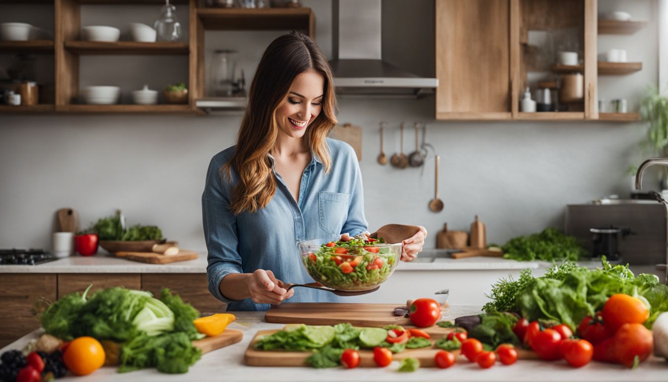 Een vrouw bereidt een kleurrijke en voedzame salade in een ruime keuken.