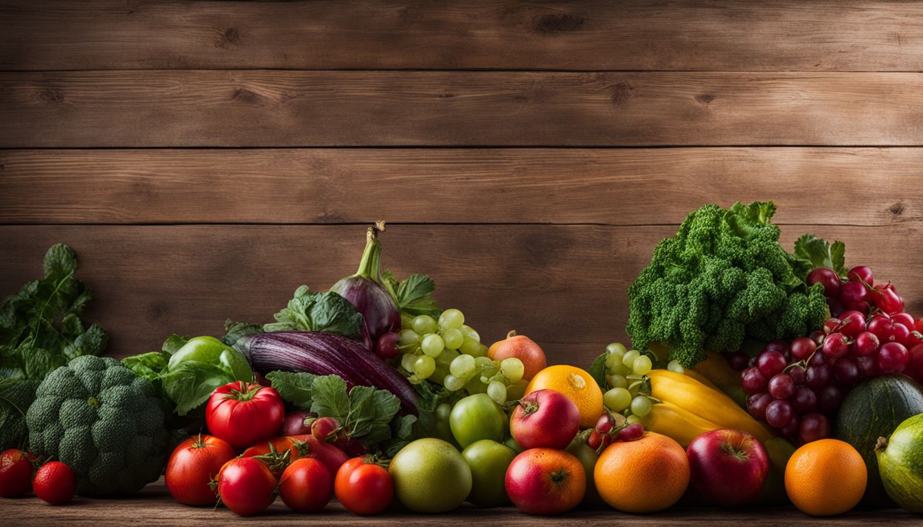 Een kleurrijke verscheidenheid aan fruit en groenten op een rustieke houten tafel.