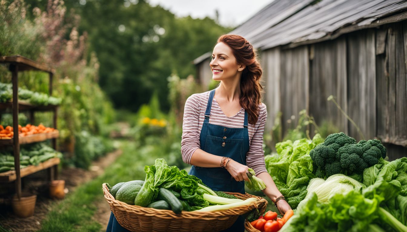 Een vrouw in een moestuin met verse groenten.