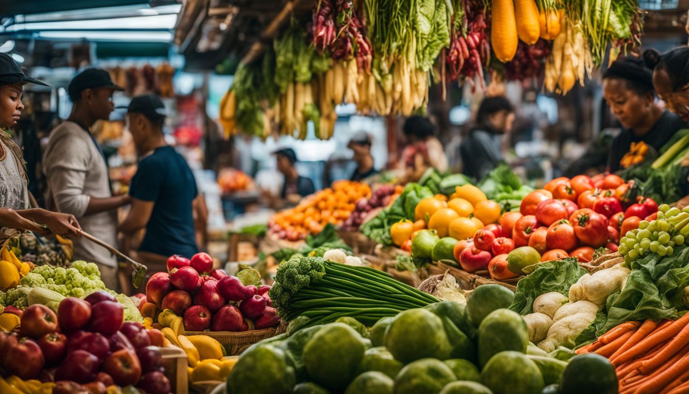 Een kleurrijke markt vol verse groenten en fruit.