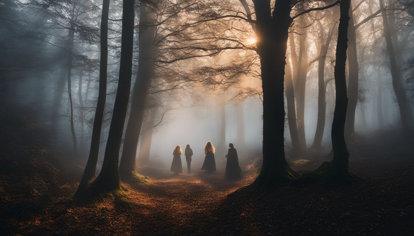 Een mistig bos met donkere silhouetten, gefotografeerd in hoogwaardige resolutie.