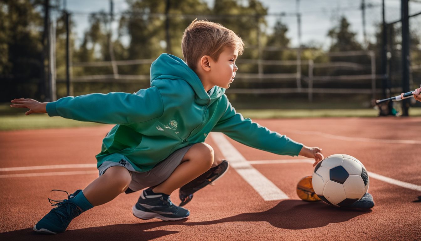 Een jong kind speelt sport met ondersteunende ouders in een drukke sfeer.