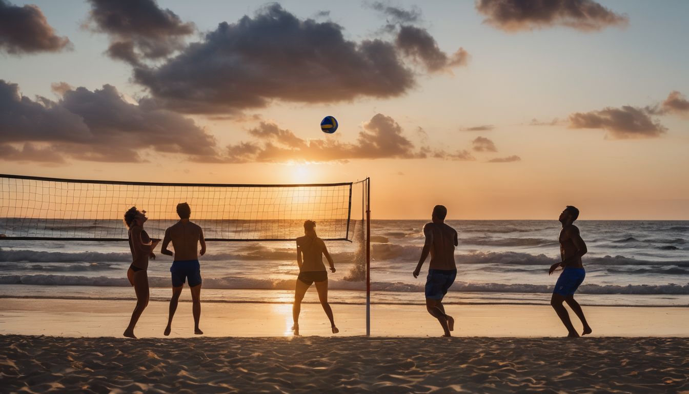 Een groep mensen geniet van beachvolleybal bij zonsondergang.