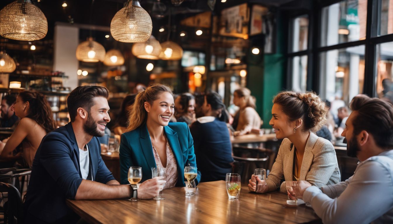 Een diverse groep mensen geniet van een levendig gesprek in een bruisend café.