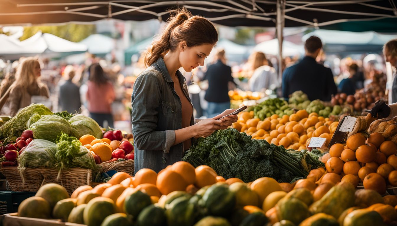 Een vrouw winkelt voor biologische groenten en fruit op een boerenmarkt.