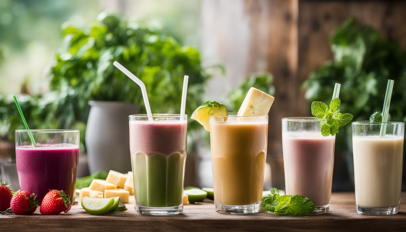 Een vergelijking van smoothies, groentesap, proteïneshakes, tofu, notenmelk en kombucha op een tafel.