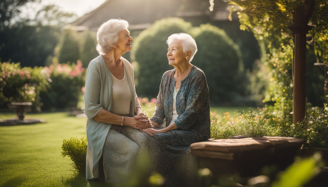 Een oudere vrouw die diep ademhaalt in een rustige tuin.