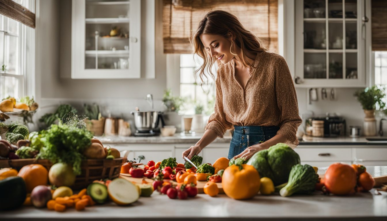 Een persoon snijdt verse groenten en fruit in een goed verlichte keuken.