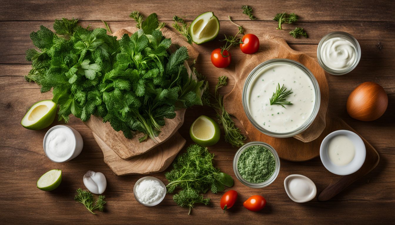 Ingrediënten voor ranch dressing op een houten tafel.