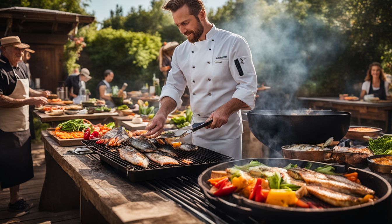 Een chef-kok grilt een verscheidenheid aan verse vis en groenten op een barbecue.