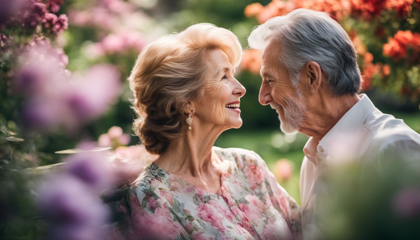 Een oudere vrouw en een man genieten van een rustige tuin omgeving.