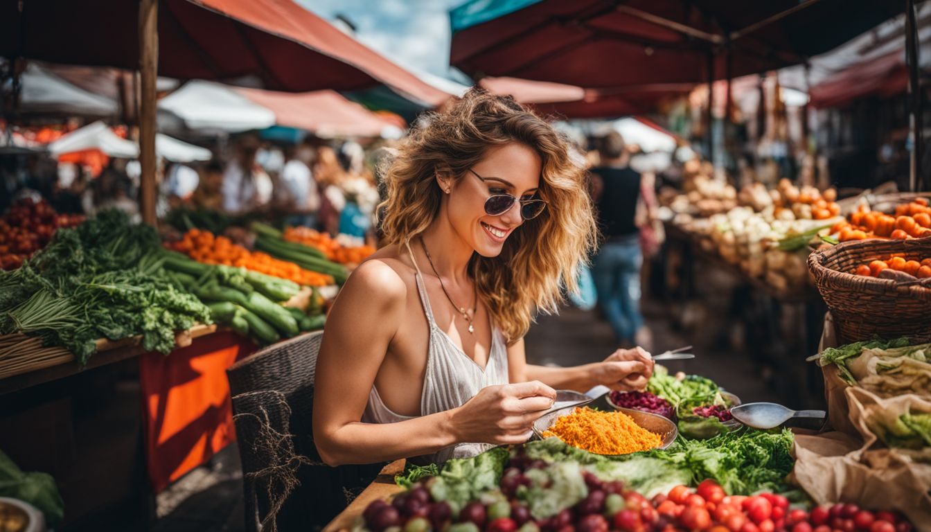 Een vrouw geniet van een plantaardige maaltijd op een levendige markt.