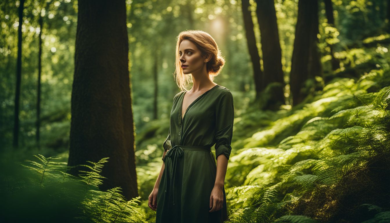 Een vredige vrouw staat in een weelderig groen bos.