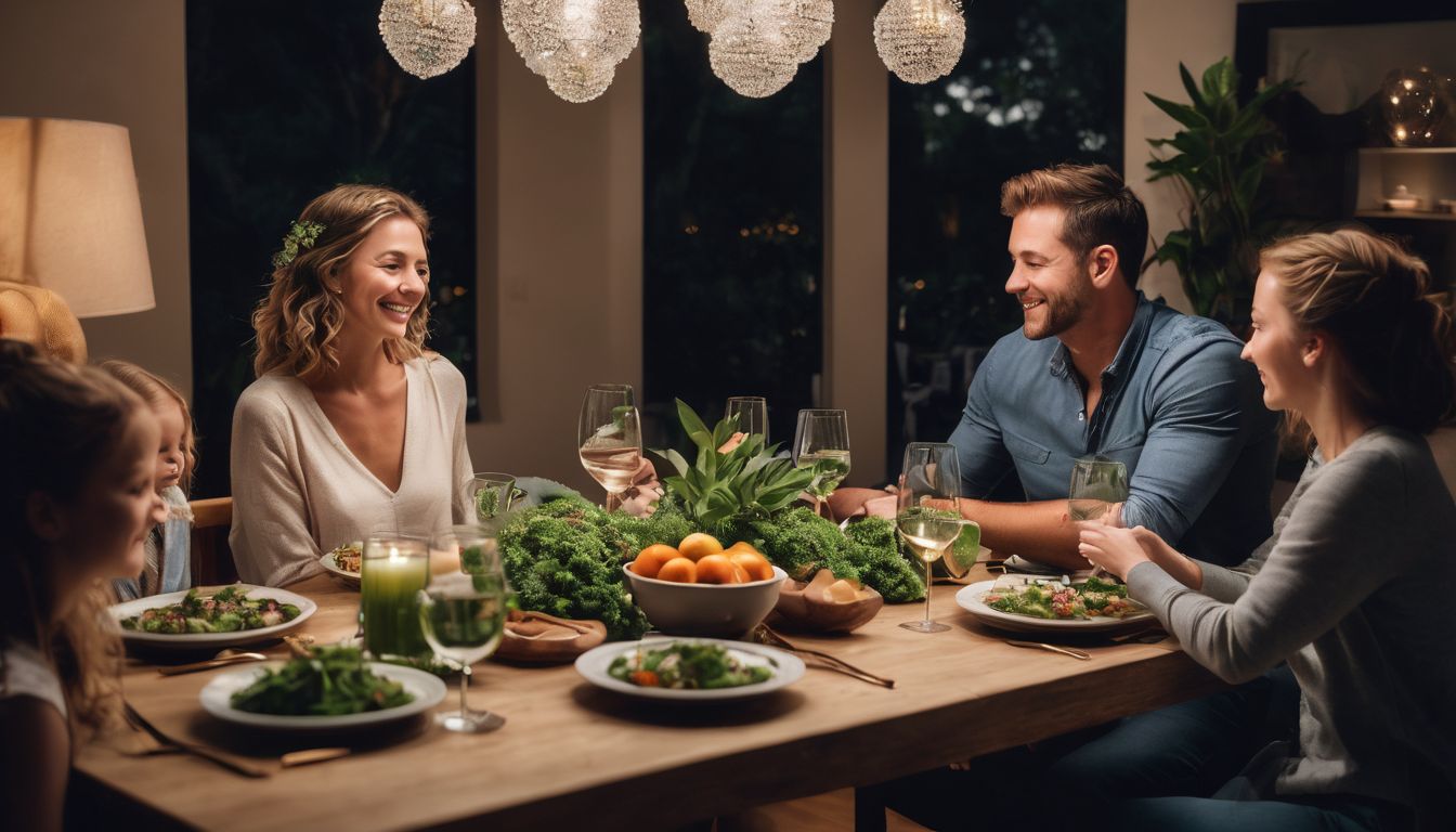 Een gezin geniet samen van een plantaardig diner aan een eettafel.