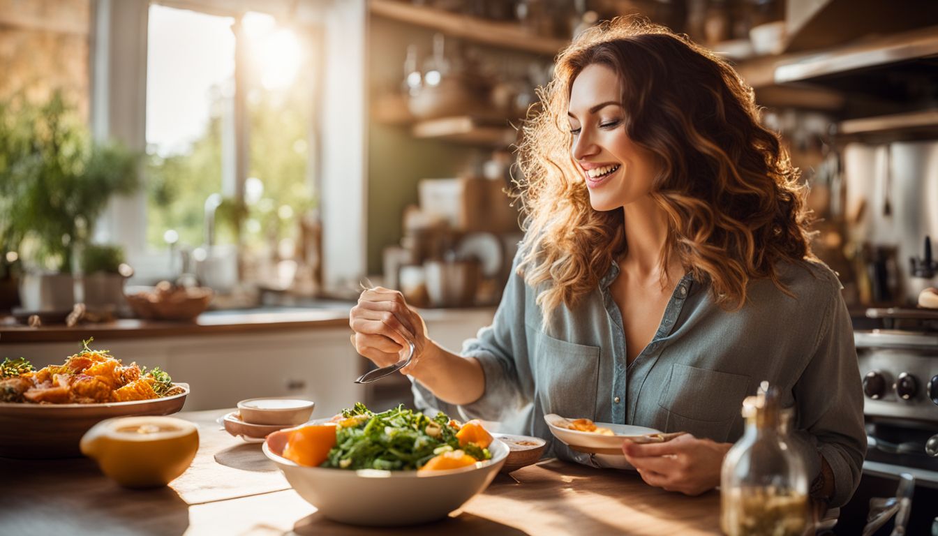 Een vrouw geniet van een gezonde maaltijd in een levendige keuken.