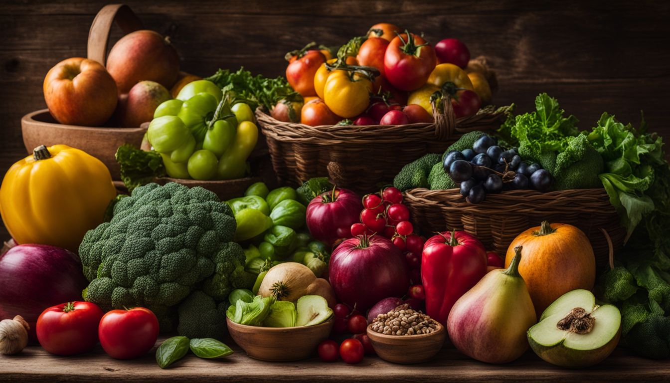 Een foto van diverse kleurrijke groenten en fruit op een rustiek houten keukentafel.