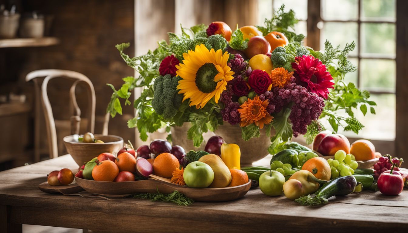 Een levendig boeket van verse fruit en groenten op een rustieke keukentafel.