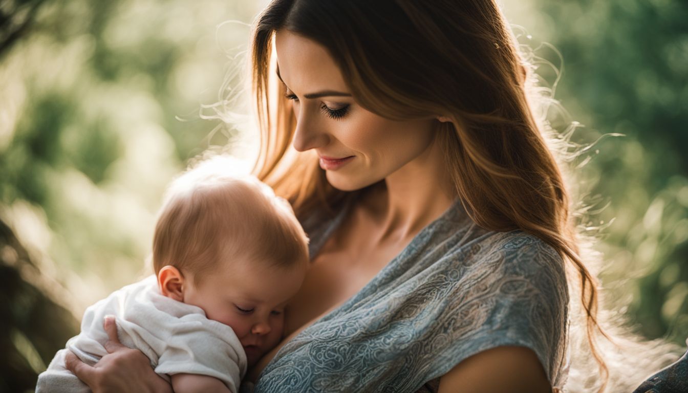 Een serene afbeelding van een moeder die haar baby borstvoeding geeft in een rustige, natuurlijke omgeving.