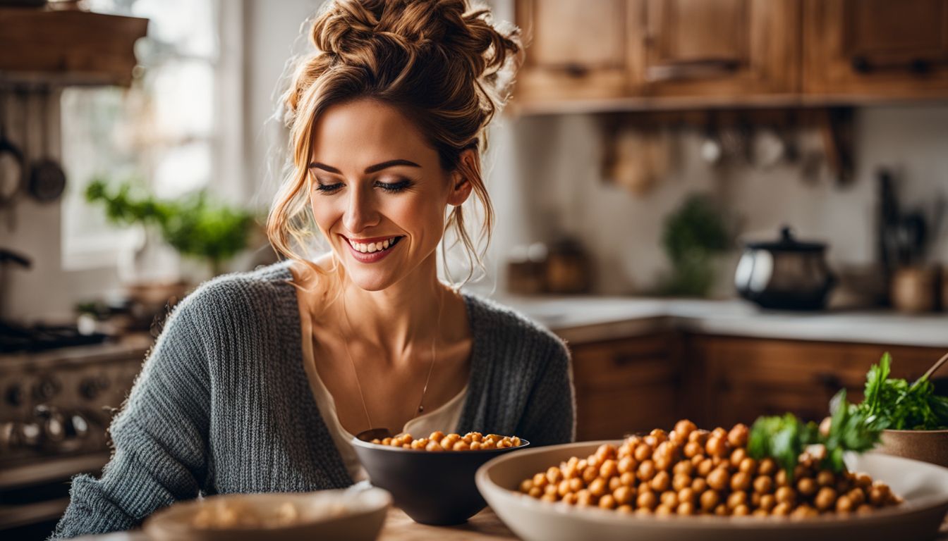 Een vrouw geniet van geroosterde kikkererwten in een gezellige keuken.