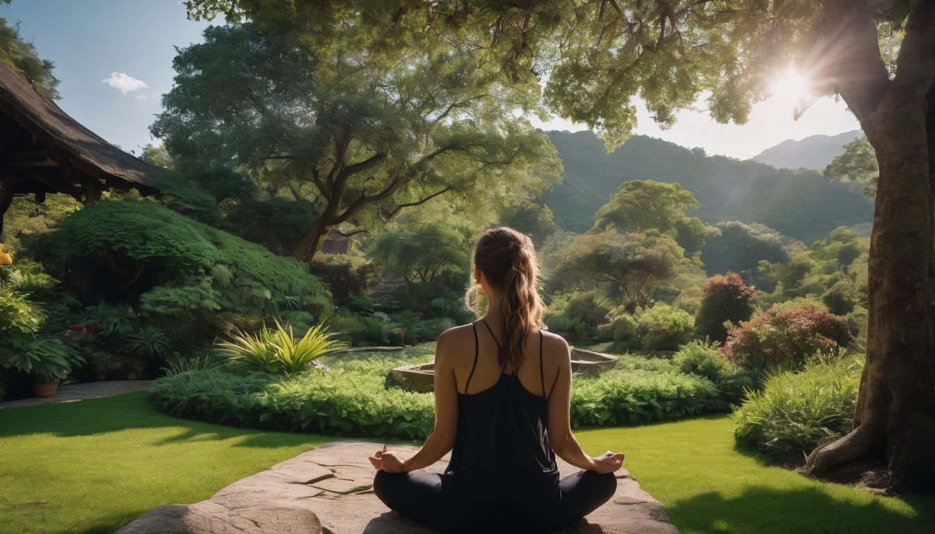 Een persoon beoefent mindfulness in een rustige tuin, omringd door weelderig groen.