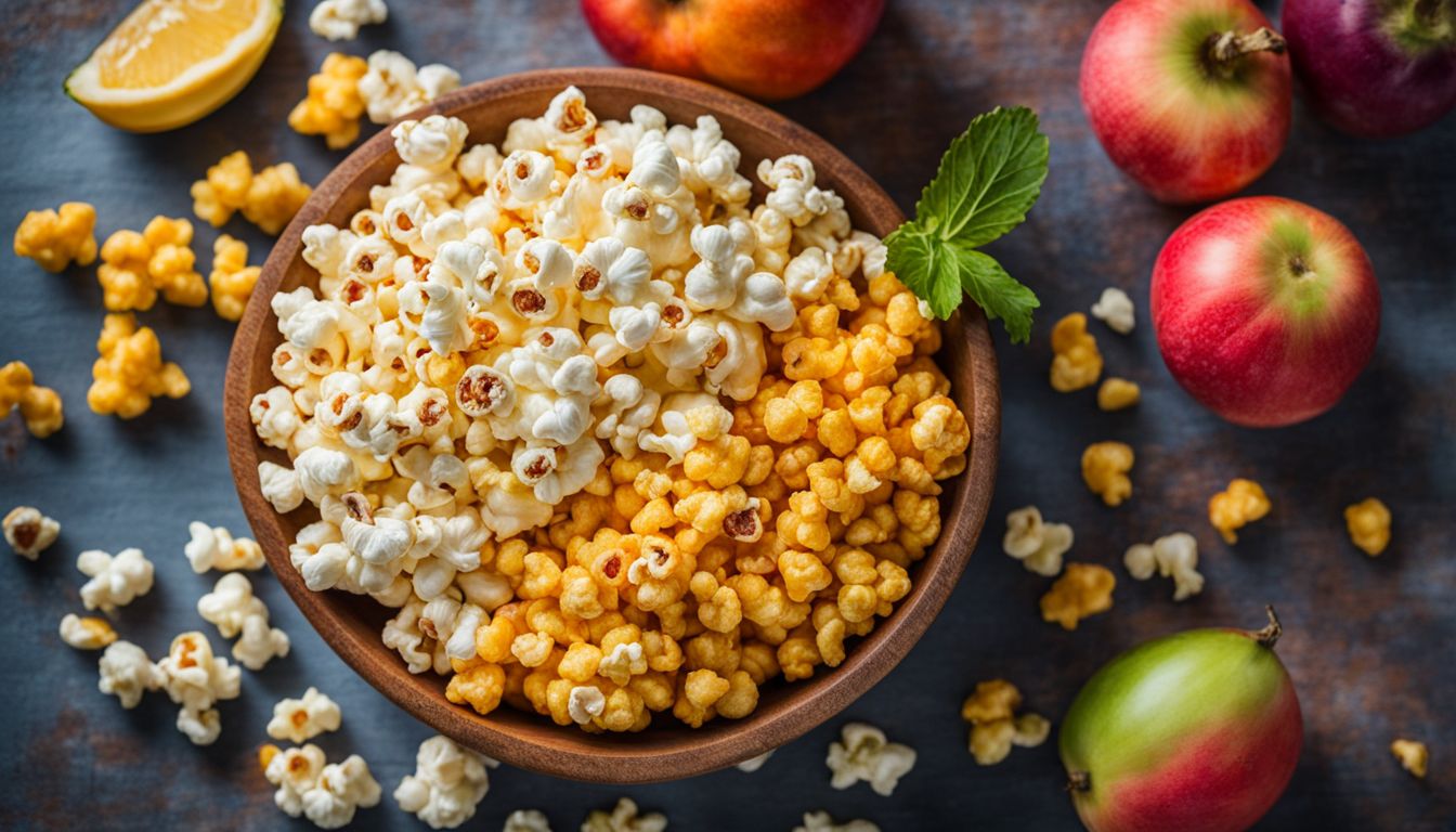 Een kom met kleurrijke popcorn tegen een achtergrond van verse groenten en fruit.